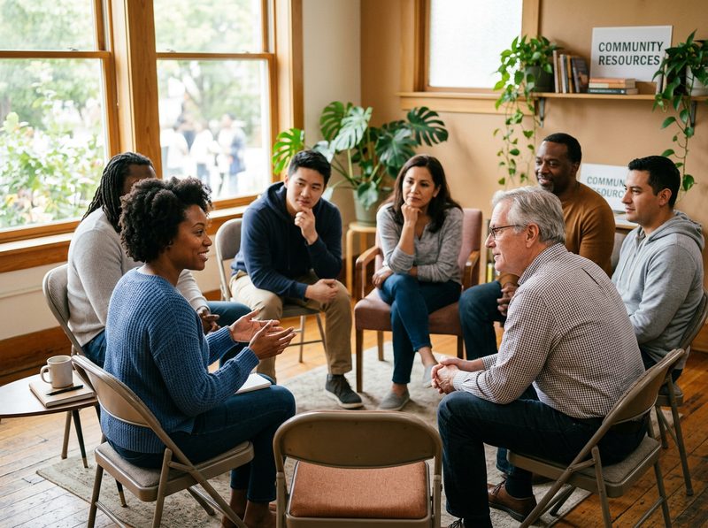 A support group of adults sitting together in a circle in a bright community room