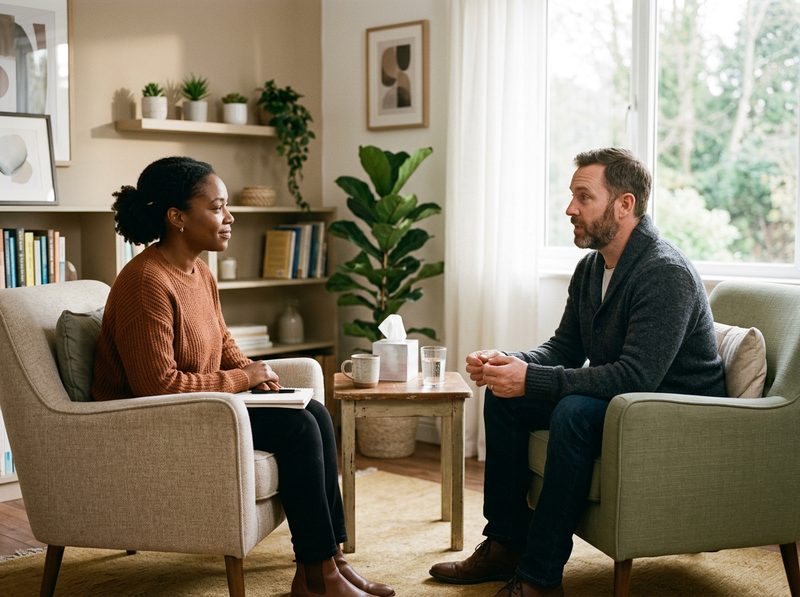 Adults gathered around a table sharing in a welcoming meeting room