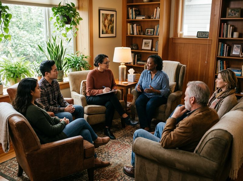 A small group session with a facilitator in a warm, welcoming room